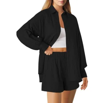 HAPCOPE Women's 2 Piece Outfits Oversized Long Puff Sleeve Blouse Shirt High Waisted Side Pocket Shorts Set