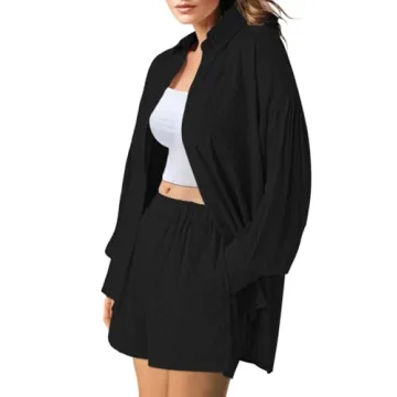 HAPCOPE Women's 2 Piece Outfits Oversized Long Puff Sleeve Blouse Shirt High Waisted Side Pocket Shorts Set