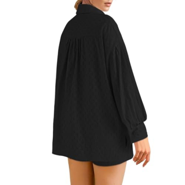 HAPCOPE Women's 2 Piece Outfits Oversized Long Puff Sleeve Blouse Shirt High Waisted Side Pocket Shorts Set