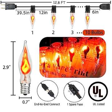 PASUTO Halloween Lights Indoor Flickering Flame String Lights with 10 Pack Clear C7 Flame Light Bulb...