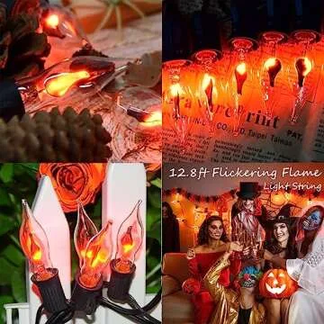 PASUTO Halloween Lights Indoor Flickering Flame String Lights with 10 Pack Clear C7 Flame Light Bulbs, 12.8Ft Flame String Lights for Halloween Decorations Indoor Outdoor Home Party Lights
