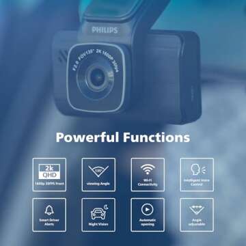 PHILIPS Dash Cam Wide Angle, 3" Screen Dashcam for Cars, Built-in WiFi, G-Sensor, Night Vision, Safe...