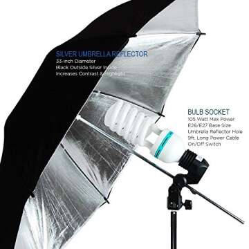 LimoStudio 600W Photography Triple Photo Umbrella Lighting Kit, Video, Umbrella Continuous Lighting Kit, CFL Photo Bulbs, Black/Silver & White Umbrella Reflector, Light Stand, Carrying Case, AGG2263