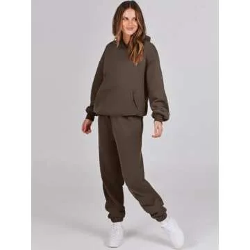 ANRABESS Womens 2 Piece Outfits Lounge Hoodie Oversized Sweatshirt Jogger Sweatpants Y2K Tracksuit Sweatsuit Set Fall Clothes Brown Medium