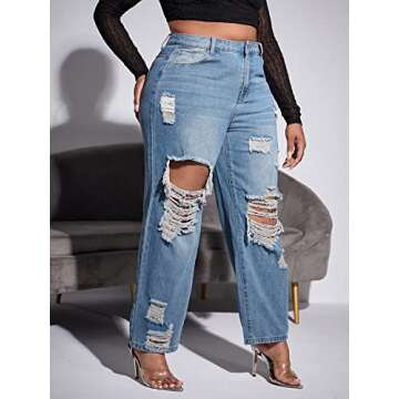 WDIRARA Women's Plus Size Ripped High Waist Cut Out Straight Leg Jeans Denim Pants Light Wash 0XL