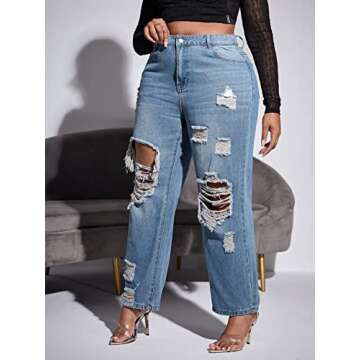 WDIRARA Women's Plus Size Ripped High Waist Cut Out Straight Leg Jeans Denim Pants Light Wash 0XL