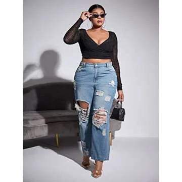 WDIRARA Women's Plus Size Ripped High Waist Cut Out Straight Leg Jeans Denim Pants Light Wash 0XL