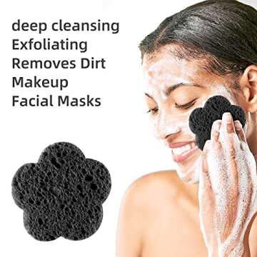 50-Count Facial Sponges Compressed Facial Sponges Natural Facial Cleansing Sponges Pads Cute Flower Shape Exfoliating Sponges for Cleansing Reusable,Best Makeup Gift, Black