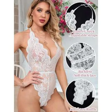 Dlsave Sexy Lingerie for Women,Deep V-Neck Lace Bodysuit Bridal Lingerie Backless One piece Teddy Body Suits Tops Wedding