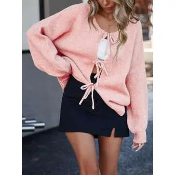 Saodimallsu Womens Tie Front Cardigan Sweaters Cute Bow Puff Long Sleeve 2024 Fall Loose Ribbed Knit Trendy Sweater Tops Pink