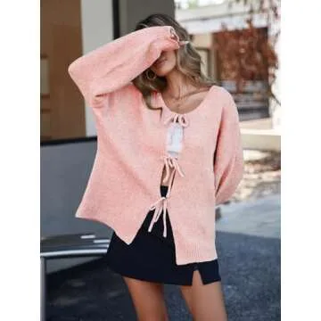 Saodimallsu Womens Tie Front Cardigan Sweaters Cute Bow Puff Long Sleeve 2024 Fall Loose Ribbed Knit Trendy Sweater Tops Pink