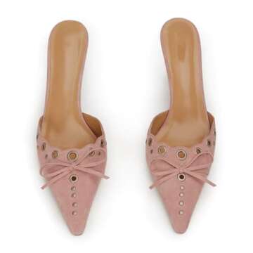 olomisa Kitten Heels for Women, Pointed Toe Heels Studded Bow Heeled Mules, Faux Suede Silp On Sanda...