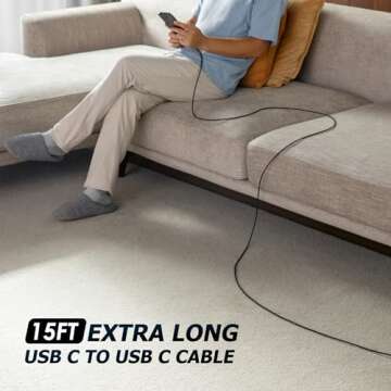 Extra Long USB C to USB C Cable 15FT 100W, USB C Charger Cable Fast Charging Cord Braided, Type C Cable for iPhone 16 15/15Plus/15Pro/Max, MacBook Pro/Air, iPad Pro/Air/Mini,Samsung,Pixel,Laptop