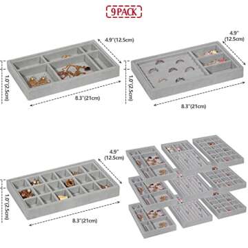 DIOMMELL Set of 9 Stackable Velvet Jewelry Trays Organizer, Jewelry Storage Box Display Trays Showca...