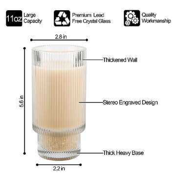 QUMMFA 10 Pack Ribbed Drinking Glasses, 11oz Glass Cups Set, Beer Glasses, Iced Coffee Glasses, Coffee Bar Accessories, Glass Tumbler for Water, Juice, Cocktail, Smoothies, Vintage Glassware