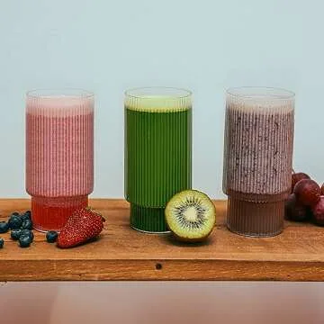 QUMMFA 10 Pack Ribbed Drinking Glasses, 11oz Glass Cups Set, Beer Glasses, Iced Coffee Glasses, Coffee Bar Accessories, Glass Tumbler for Water, Juice, Cocktail, Smoothies, Vintage Glassware