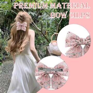 Drnytunk Bow Hair Clips for Women Girls Satin Hair Ribbon Clips Bowknot Barrettes,3PCS Tassel Hair Bowknot Clips Printed Bow Hair Clips Long-tail Hair Bows Cute Hair Accessories,Pink