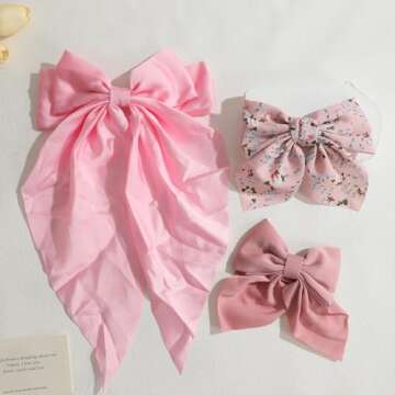 Drnytunk Bow Hair Clips for Women Girls Satin Hair Ribbon Clips Bowknot Barrettes,3PCS Tassel Hair Bowknot Clips Printed Bow Hair Clips Long-tail Hair Bows Cute Hair Accessories,Pink