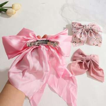 Drnytunk Bow Hair Clips for Women Girls Satin Hair Ribbon Clips Bowknot Barrettes,3PCS Tassel Hair Bowknot Clips Printed Bow Hair Clips Long-tail Hair Bows Cute Hair Accessories,Pink