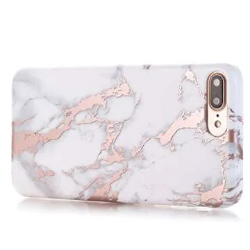 BAISRKE Shiny Rose Gold Marble Design Clear Bumper Matte TPU Soft Rubber Silicone Cover Phone Case Compatible with iPhone 7 Plus iPhone 8 Plus White