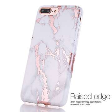 BAISRKE Shiny Rose Gold Marble Design Clear Bumper Matte TPU Soft Rubber Silicone Cover Phone Case Compatible with iPhone 7 Plus iPhone 8 Plus White