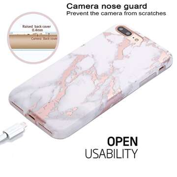 BAISRKE Shiny Rose Gold Marble Design Clear Bumper Matte TPU Soft Rubber Silicone Cover Phone Case Compatible with iPhone 7 Plus iPhone 8 Plus White