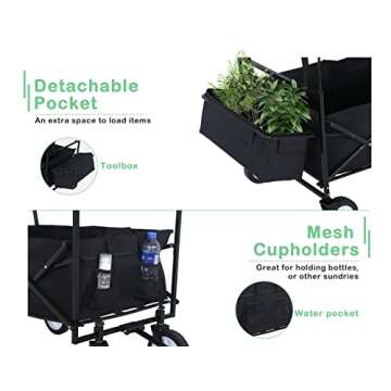 Collapsible Wagon Extra Large Wagons Carts Heavy Duty Foldable w/Removable Canopy & Cooler Bag,Beach Wagon with Big Wheels for Sand,Folding Wagon with Canopy for Kids Camping Picnic Outdoor (Black)