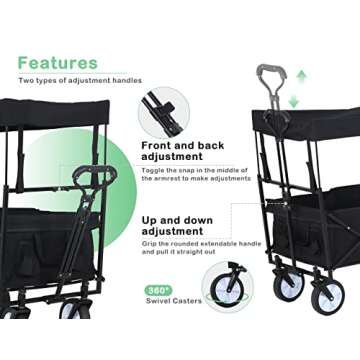 Collapsible Wagon Extra Large Wagons Carts Heavy Duty Foldable w/Removable Canopy & Cooler Bag,Beach Wagon with Big Wheels for Sand,Folding Wagon with Canopy for Kids Camping Picnic Outdoor (Black)