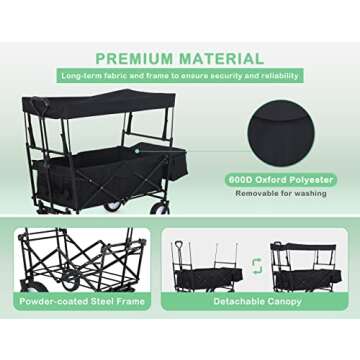 Collapsible Wagon Extra Large Wagons Carts Heavy Duty Foldable w/Removable Canopy & Cooler Bag,Beach Wagon with Big Wheels for Sand,Folding Wagon with Canopy for Kids Camping Picnic Outdoor (Black)