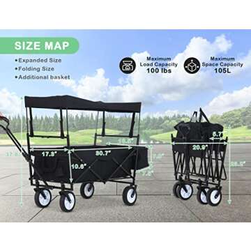 Collapsible Wagon Extra Large Wagons Carts Heavy Duty Foldable w/Removable Canopy & Cooler Bag,Beach Wagon with Big Wheels for Sand,Folding Wagon with Canopy for Kids Camping Picnic Outdoor (Black)