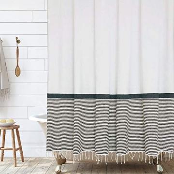 HALL & PERRY Modern Farmhouse Tassel Shower Curtain 100% Cotton Striped Fabric Shower Curtain with T...