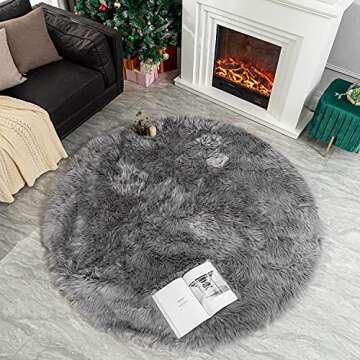 LEEVAN Plush Sheepskin Style Throw Rug Faux Fur Elegant Chic Style Cozy Shaggy Round Rug Floor Mat Area Rugs Home Decorator Super Soft Carpets Kids Play Rug (6 ft-Diameter, Light Grey)