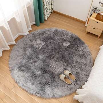 LEEVAN Plush Sheepskin Style Throw Rug Faux Fur Elegant Chic Style Cozy Shaggy Round Rug Floor Mat Area Rugs Home Decorator Super Soft Carpets Kids Play Rug (6 ft-Diameter, Light Grey)