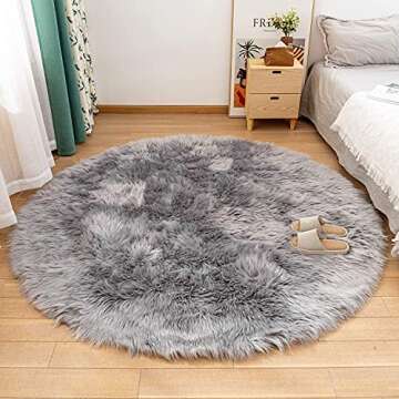 LEEVAN Plush Sheepskin Style Throw Rug Faux Fur Elegant Chic Style Cozy Shaggy Round Rug Floor Mat Area Rugs Home Decorator Super Soft Carpets Kids Play Rug (6 ft-Diameter, Light Grey)