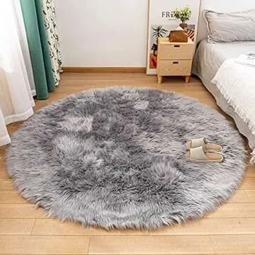 LEEVAN Plush Sheepskin Style Throw Rug Faux Fur Elegant Chic Style Cozy Shaggy Round Rug Floor Mat Area Rugs Home Decorator Super Soft Carpets Kids Play Rug (6 ft-Diameter, Light Grey)