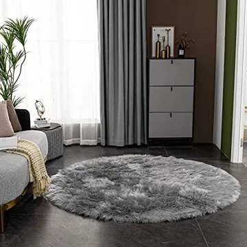 LEEVAN Plush Sheepskin Style Throw Rug Faux Fur Elegant Chic Style Cozy Shaggy Round Rug Floor Mat Area Rugs Home Decorator Super Soft Carpets Kids Play Rug (6 ft-Diameter, Light Grey)