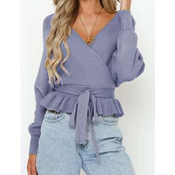 ZESICA Women's Fall Wrap V Neck Long Batwing Sleeve Belted Waist Ruffle Knitted Sweater Pullover Top,Blue,Medium