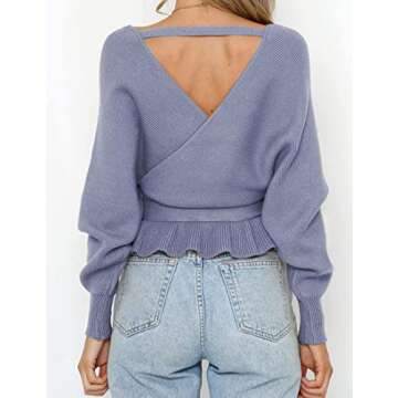 ZESICA Women's Fall Wrap V Neck Long Batwing Sleeve Belted Waist Ruffle Knitted Sweater Pullover Top,Blue,Medium
