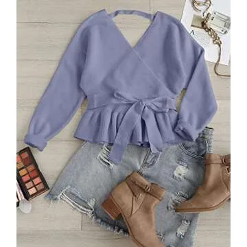 ZESICA Women's Fall Wrap V Neck Long Batwing Sleeve Belted Waist Ruffle Knitted Sweater Pullover Top,Blue,Medium
