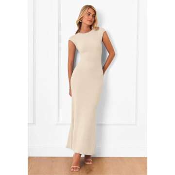 MEROKEETY Women's Cap Sleeve Rib Knit Maxi Dress Crew Neck Slim Fit Bodycon Summer Sweater Dresses, Apricot, M