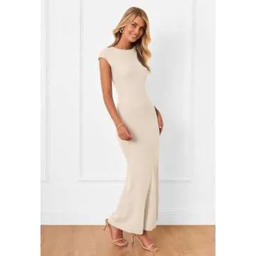 MEROKEETY Women's Cap Sleeve Rib Knit Maxi Dress Crew Neck Slim Fit Bodycon Summer Sweater Dresses, Apricot, M