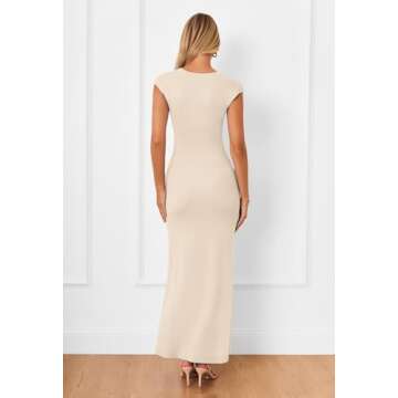 MEROKEETY Women's Cap Sleeve Rib Knit Maxi Dress Crew Neck Slim Fit Bodycon Summer Sweater Dresses, Apricot, M