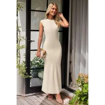 MEROKEETY Women's Cap Sleeve Rib Knit Maxi Dress Crew Neck Slim Fit Bodycon Summer Sweater Dresses, Apricot, M