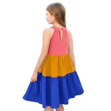 Girls Sleeveless Color Block Dress for Summer Casual Fun
