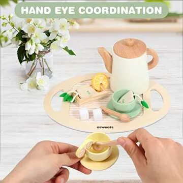 Asweets Wooden Tea Set for Little Girls,Tea Party Set Play Kitchen Accessories for Kid Playset Pretend Toddler Tea Set Toy
