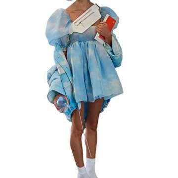 Women's Puff Sleeve Tulle Princess Dress Solid Color Summer Ruffle Mesh Party Prom Mini Fairy Dress