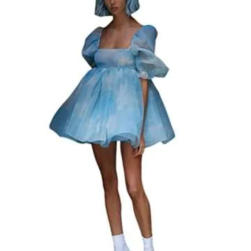 Women's Puff Sleeve Tulle Party Dress for Summer Events