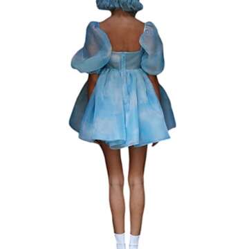 Women's Puff Sleeve Tulle Princess Dress Solid Color Summer Ruffle Mesh Party Prom Mini Fairy Dress