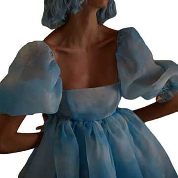 Women's Puff Sleeve Tulle Princess Dress Solid Color Summer Ruffle Mesh Party Prom Mini Fairy Dress