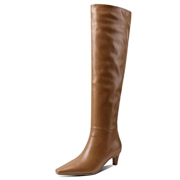 Women's Stylish Square Toe Matte Leather Slip On Autumn Winter Wide Calf Comfort Slouch Low Kitten H...